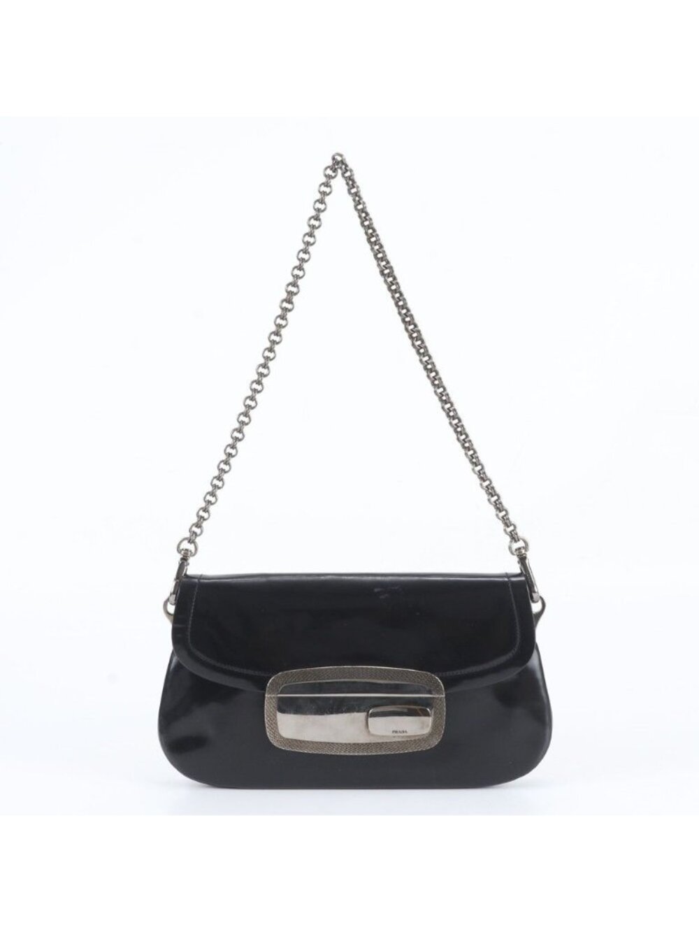 Prada Metal Plate Leather Chain Bag Shoulder Hand Black